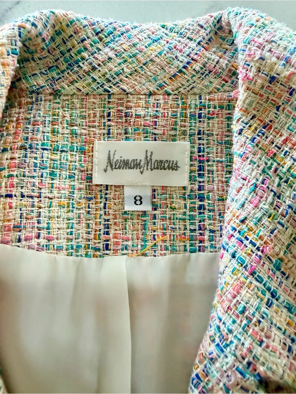 Neiman Marcus Cream Tweed Blazer with Multicolor Thread